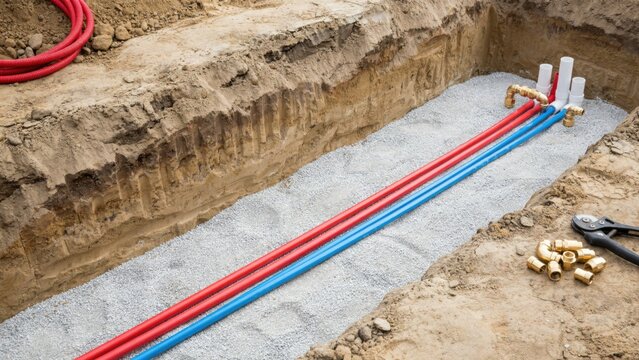 Red and blue pex plumbing pipes installed in deep trench on gravel bed for main water supply line residential connection.