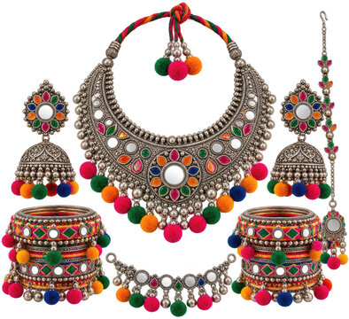 Traditional indian oxidized silver jewelry set with colorful pompoms, including a necklace, jhumka earrings, bangles, and maang tikka, isolated on transparent background