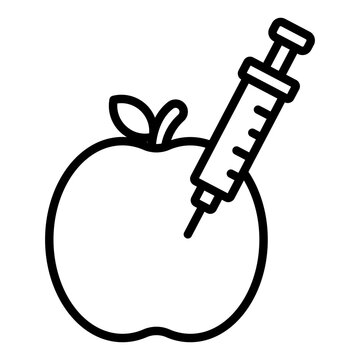 Apple injection outline icon. syringe piercing fruit. gmo and pesticide. agriculture and lab
