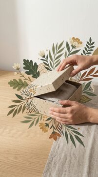 Hands Opening a Premium Artisanal Gift Box in a Minimalist Lifestyle Scene with Elegant Botanical Illustrations and Ample Copyspace