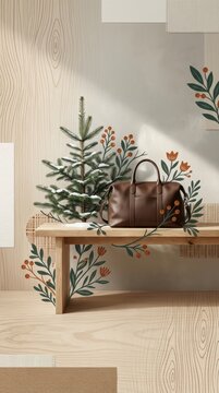 Minimalist Leather Travel Bag and Snowy Evergreen Bough on Wooden Bench with Contemporary Arts and Crafts Illustrations for Seasonal Holiday Transit