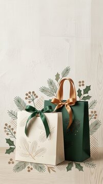Luxury Christmas Shopping Bags with Embossed Pine Motifs and Silk Ribbons in a Minimal Contemporary Photo-Illustration with Copyspace for Holiday Retail and Festive Gifting