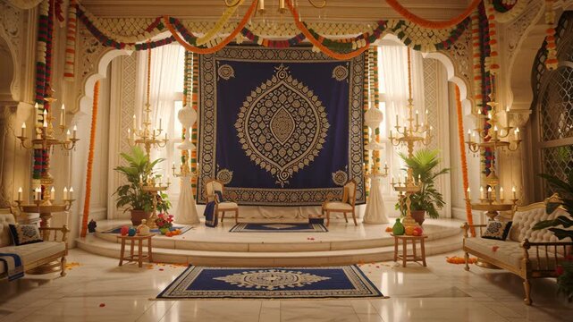 Elegant Prayer Hall Decorated With Marigold Garlands And Blue Velvet Cloth For Religious Celebration