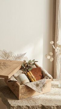 Premium Minimalist Handcrafted Gift Box with Ceramic Mug, Leather Journal, and Candles on Stone Surface, Featuring Hybrid Arts and Crafts Botanical Illustrations