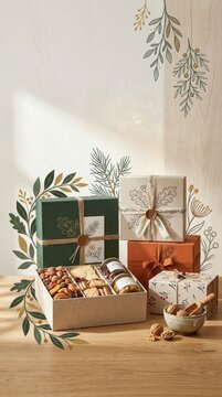 Gourmet Artisanal Snack Gift Boxes and Food Presents with Minimalist Botanical Illustration, Premium Holiday Corporate Gifting with Large Copy Space for Vertical Banner