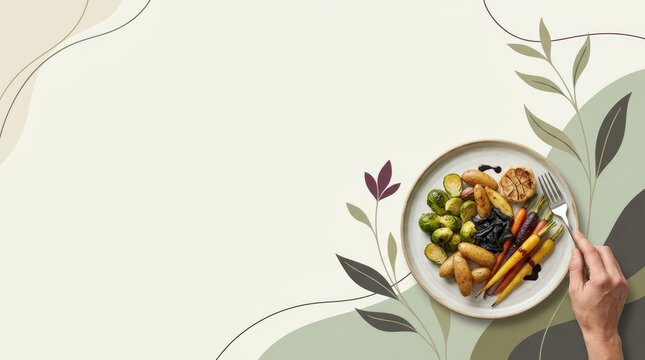 Gourmet Halloween roasted vegetables plate on minimalist Art Nouveau background with botanical illustrations and large copy space for seasonal marketing