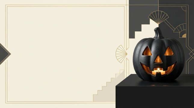 Minimalist Art Deco Halloween Banner with Matte Black Ceramic Jack-o-lantern, Warm Candle Glow and Large Copy Space