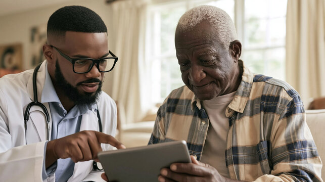 Medical Consultation: A caring doctor explains a medical record on a tablet to an elderly patient, fostering trust and understanding in a warm, domestic setting.