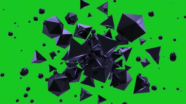 Abstract dark fluid sphere morphing into sharp geometric liquid shapes