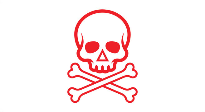 Red skull and crossbones icon, minimalist pirate jolly roger vector, warning sign symbol for toxic danger and hazard alerts, flat line art eps