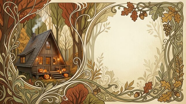 Cozy A-Frame Cabin with Halloween Pumpkins in Art Nouveau Autumn Forest, Hybrid Banner with Copy Space