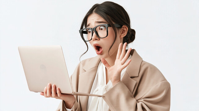 Shocked Expression: A woman wearing large glasses stares in disbelief at her laptop, her mouth agape and her hand raised in a gesture of shock, conveying a moment of surprise or dismay.