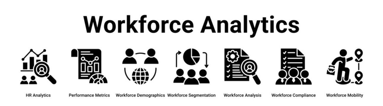 Workforce Analytics web banner icon vector illustration concept for business with icon of HR Analytics, Performance Metrics, Workforce Demographics, Workforce Segmentation, Workforce Analysis,.