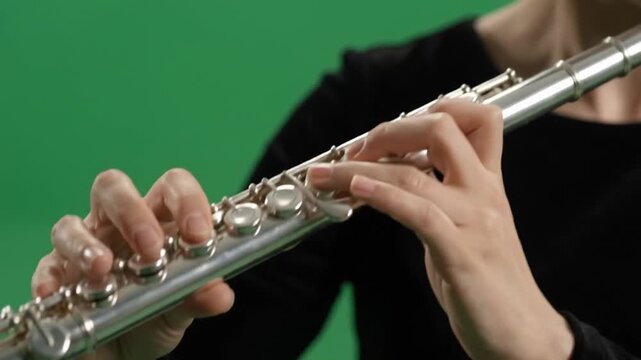 Asian woman playing silver flute against green screen