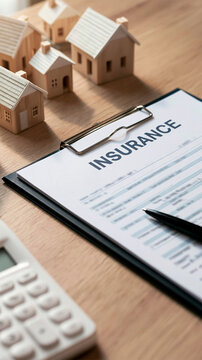 Home Insurance Document: A close-up view of an insurance policy document for home, placed on a wooden desk, with miniature houses, a calculator, and a pen scattered around.