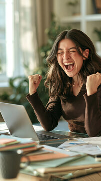 Victory at the Desk: A young woman with exuberant joy pumps her fists in the air while looking at her laptop, celebrating a successful online achievement or breakthrough.