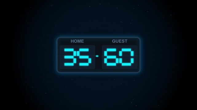 Digital sports scoreboard with glowing cyan LED numbers, electronic game score display showing 35 to 60 for home and guest teams, futuristic athletic competition results interface. High Quality