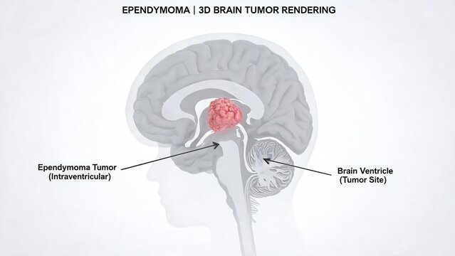 Annotated 3D rendering of ependymoma brain tumor, sagittal human head view showing intraventricular tumor location