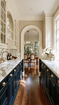 Elegant Kitchen Hallway: A beautifully designed, narrow kitchen hallway featuring dark cabinetry, marble countertops, and a view into a dining area with elegant chairs.