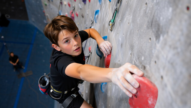 Young boy indoor rock climbing on artificial wall. Focused child athlete in harness gripping holds during training session