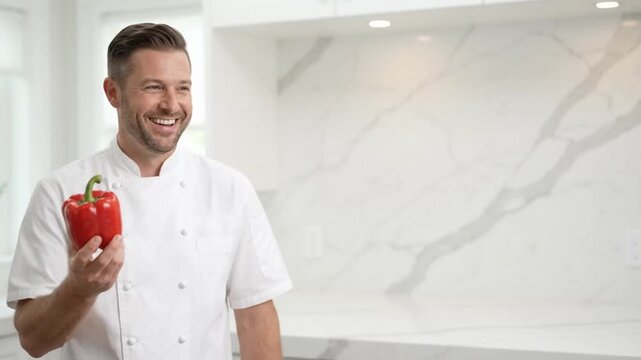 Chef holding fresh red pepper in a modern white kitchen