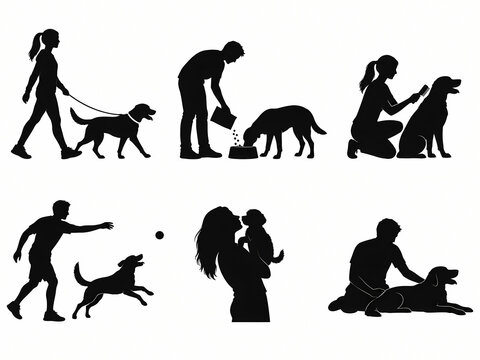 Dog walking and pet care silhouette icon set, six pictograms