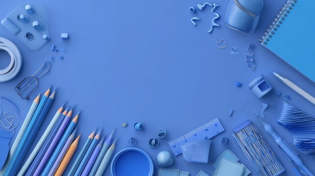 Beautiful blue school background with colorful educational supplies, books, pencils, notebooks and learning elements for education, classroom, back to school, academic study and student learning conce