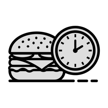 Hamburger and Analog Clock Icon Symbolizing Fast Food Timing, Speed, and Meal Service Efficiency