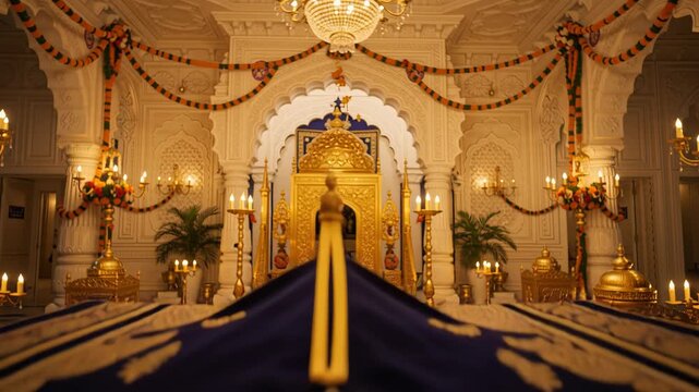 Majestic Interior of a Holy Sikh Shrine Decorated with Golden Pillars and Floral Garlands during a Grand Religious Festival