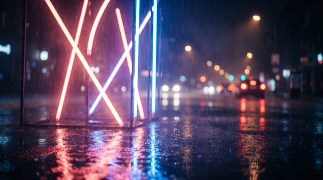 Neon lights in a geometric installation shine brightly on a rain-soaked city street at night.