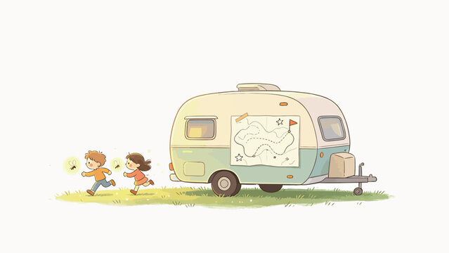 A whimsical illustration of two children running with glowing fireflies near a retro camper trailer adorned
