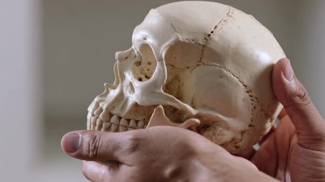 Close-up of hands rotating a realistic human skull replica, examining cranium, eye sockets, and teeth, blurred neutral interior background.