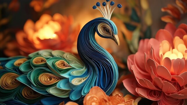 Blue Peacock Among Layered Paper Flowers