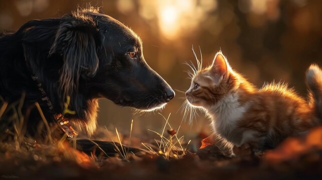 Black Dog and Ginger Kitten Meeting in Warm Golden Light
