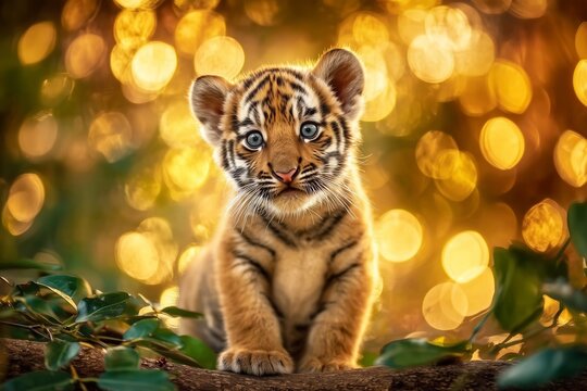 Tiger Cub Sitting on a Log in Warm Forest Light