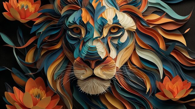 Colorful Stylized Lion Portrait with Floral Foliage