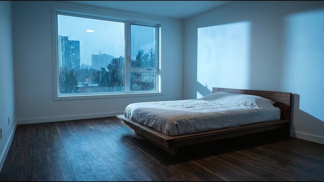 Footage of a minimalist bedroom with rain view on city window at night.