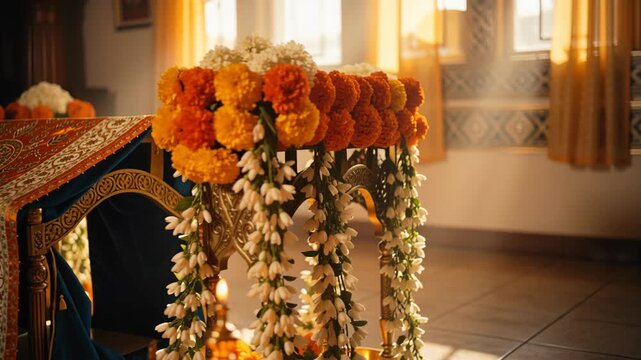 Beautiful Sikh Shrine Decorated With Orange Marigold Flowers And Golden Fabric Inside A Temple