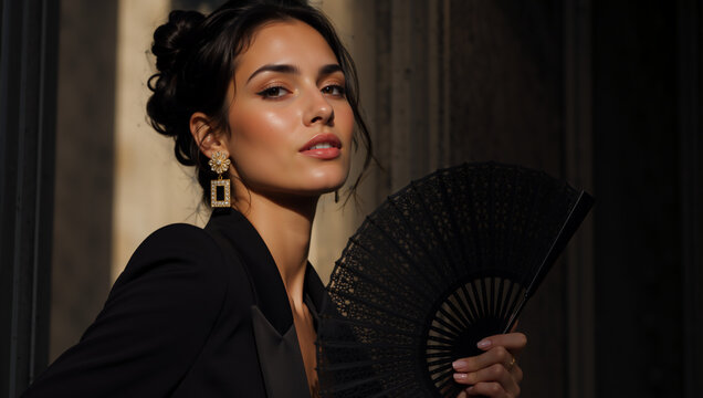Elegant young woman holding a black lace hand fan. Sophisticated female in a black blazer and gold earrings posing in dramatic light