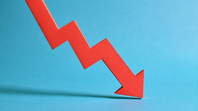 Declining Trend: A bold red arrow zigzags downward, symbolizing a sharp decline or downward trend against a crisp blue background. A visual representation of financial or market recession.
