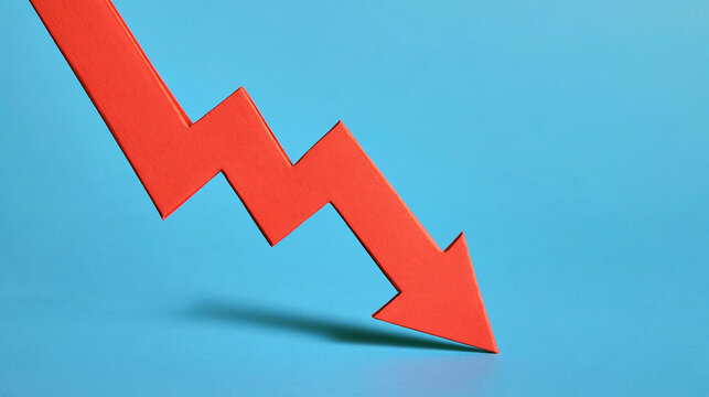 Downward Trend: A stark red arrow zigzags downwards, symbolizing a sharp decline, loss, or negative trajectory, set against a vibrant blue background.