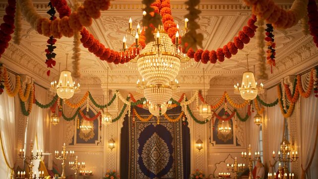 Grand Hall Decorated For Sikh Festival With Chandeliers And Marigold Garlands