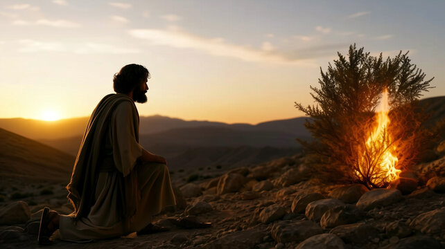 Moses kneeling before the burning bush in the desert at sunset, holy ground biblical scene illustration.