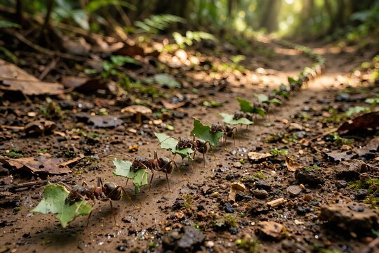 Leafcutter ants carrying green leaf fragments along a dirt trail in a tropical rainforest, showcasing teamwork and insect behavior in their natural woodland habitat