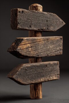 Triple wooden directional signpost pointing to three different directions on dark black background, rustic wood texture, high definition, clear navigation concept, guidance and signage illustration.