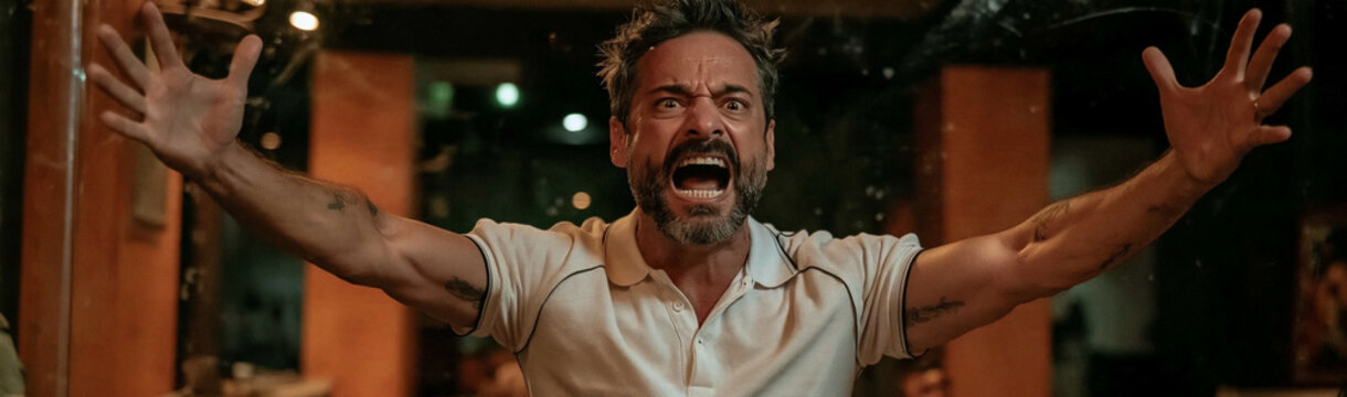 Man Cheers Ecstatically: A man with arms outstretched and mouth wide open in a yell of pure emotion, expressing extreme excitement or celebration in an outdoor setting at night.