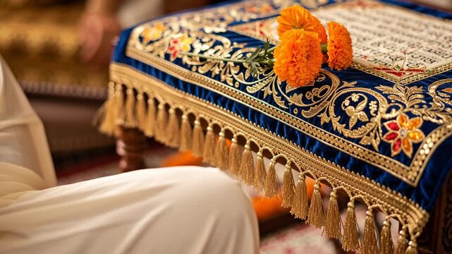 Hands Arranging Orange Flowers on Blue Velvet Sacred Cloth During Religious Ceremony