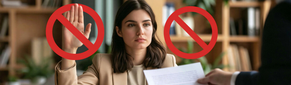 Rejecting Wrongful Employment: A professional woman at an interview firmly rejects unethical requests, marked by 'stop' signs symbolizing her refusal to engage in dishonest practices.