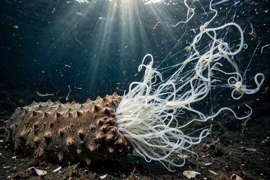 Sea cucumber Holothuroidea expelling white Cuvierian tubules as a defense mechanism on the dark ocean floor illuminated by sun rays