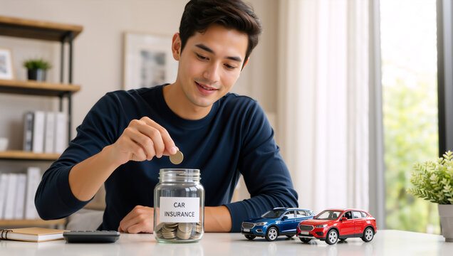Young Asian man putting coin in savings jar for car insurance. Financial planning and auto budget concept with toy cars on table